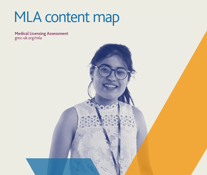 Black and white image of a smiling young woman wearing a lanyard. Title: 'MLA content map'. Smaller text: 'Medical Licensing Assessment gmc-uk.org/mla'