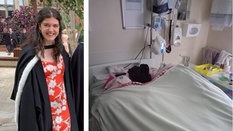 Two photos of a young white woman with long brown hair; in the first she stands, looking healthy and smiling at the camera; in the second she lies in a hospital bed surrounded by medical devices.
